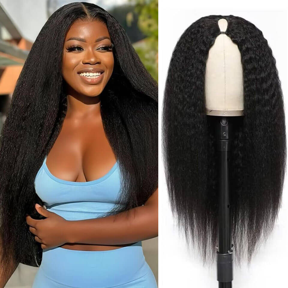 Kinky Straight V Part Wigs Glueless Human Hair Wigs No Sew In No Glue NO Leave Out V Part Wig