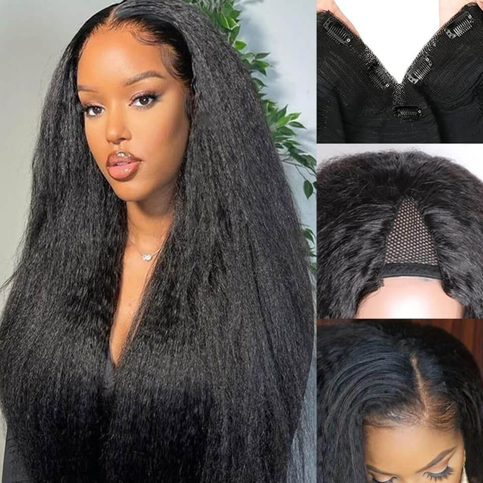 Kinky Straight V Part Wigs Glueless Human Hair Wigs No Sew In No Glue NO Leave Out V Part Wig