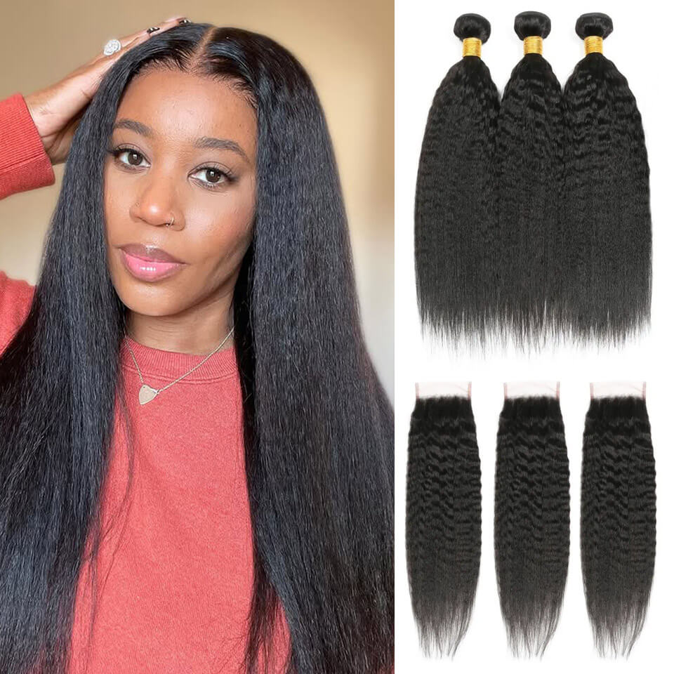 Afro kinky straight human hair bundles and 4x4 lace closure