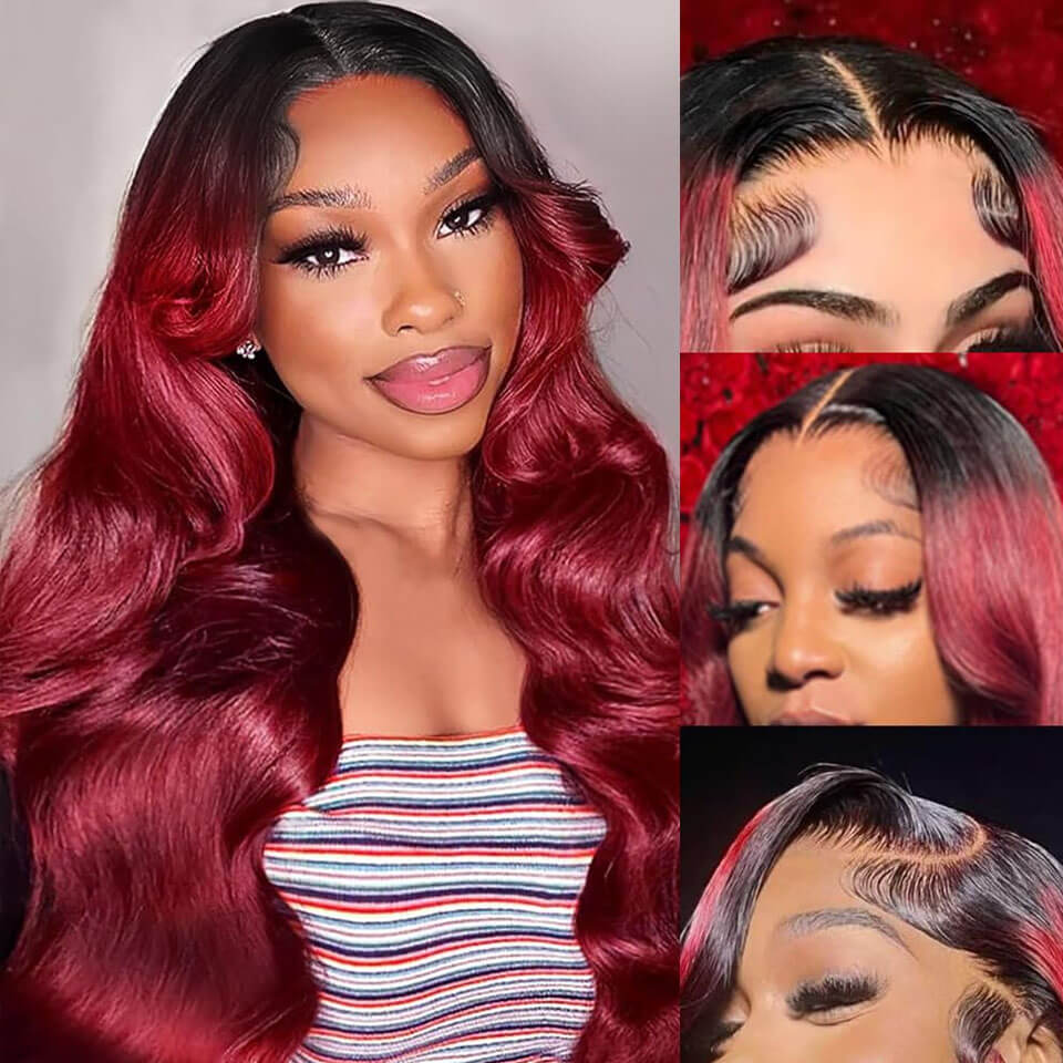 Ombre Black 99J Style Body Wave Lace Wig Human Hair Pre Plucked 13x4 4x4 5x5 Lace Front Wigs Black Roots