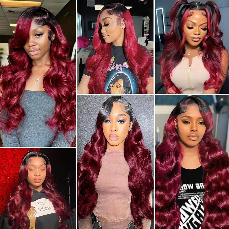 Ombre Black 99J Style Body Wave Lace Wig Human Hair Pre Plucked 13x4 4x4 5x5 Lace Front Wigs Black Roots