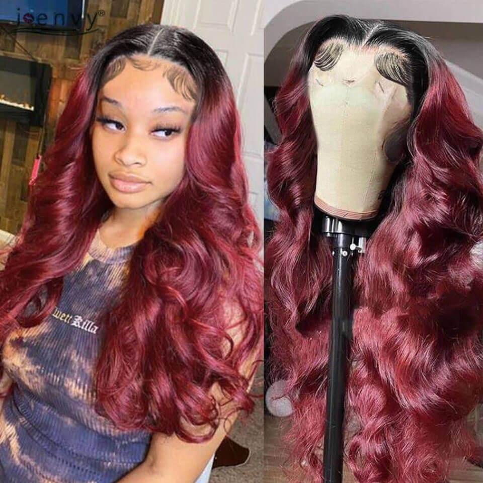 Ombre Black 99J Style Body Wave Lace Wig Human Hair Pre Plucked 13x4 4x4 5x5 Lace Front Wigs Black Roots