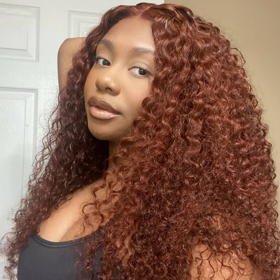 Reddish Brown Curly 5x5 Glueless HD Lace Wigs Pre-Cut and Pre plucked Human Hair Lace Wig