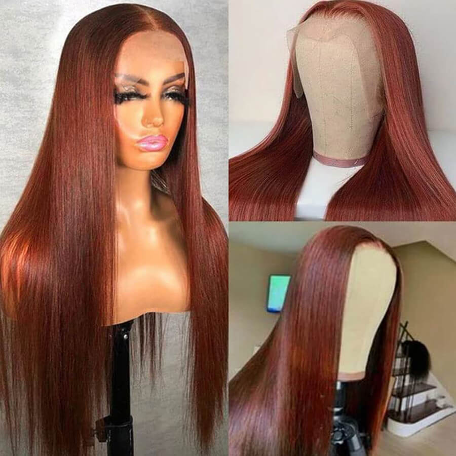 Reddish Brown Color Straight Human Hair HD lace Front Wigs