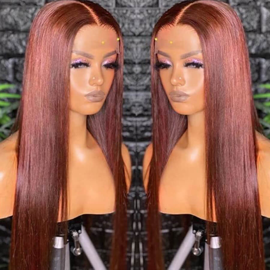 Reddish Brown Color Straight Human Hair HD lace Front Wigs