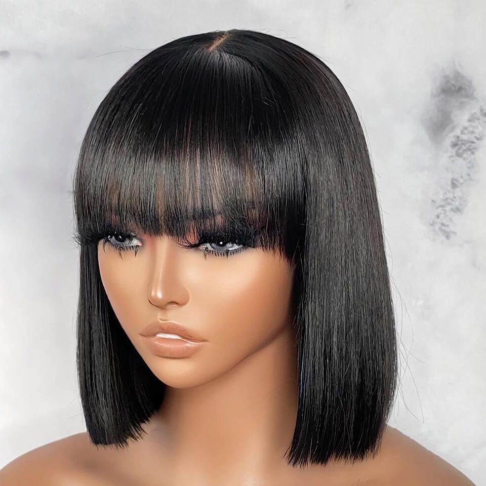 Straight Human Hair Short Bob Wigs With Bangs Human Hair 13x4 lace Front Wigs