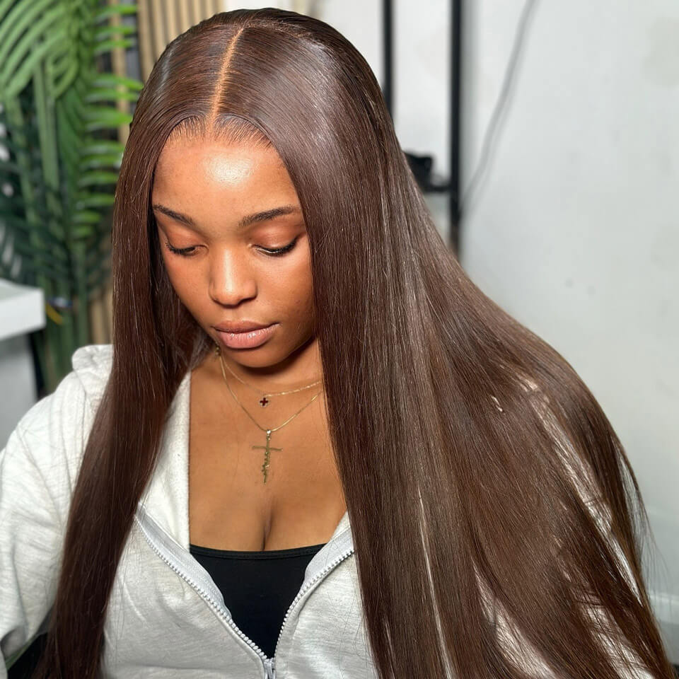 Chocolate brown color human hair Straight Lace Frontal Wig - 13x4 * 13x6 HD Lace, 180% & 250% Density