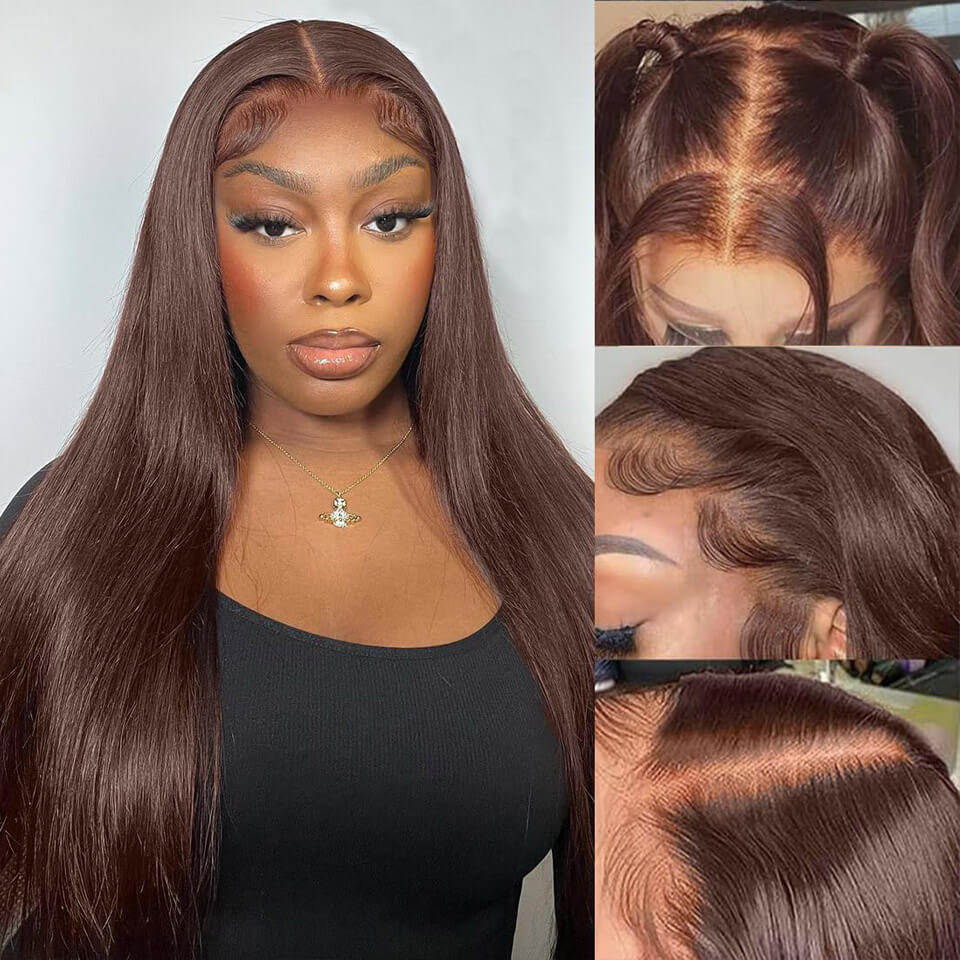 Chocolate brown color human hair Straight Lace Frontal Wig - 13x4 * 13x6 HD Lace, 180% & 250% Density