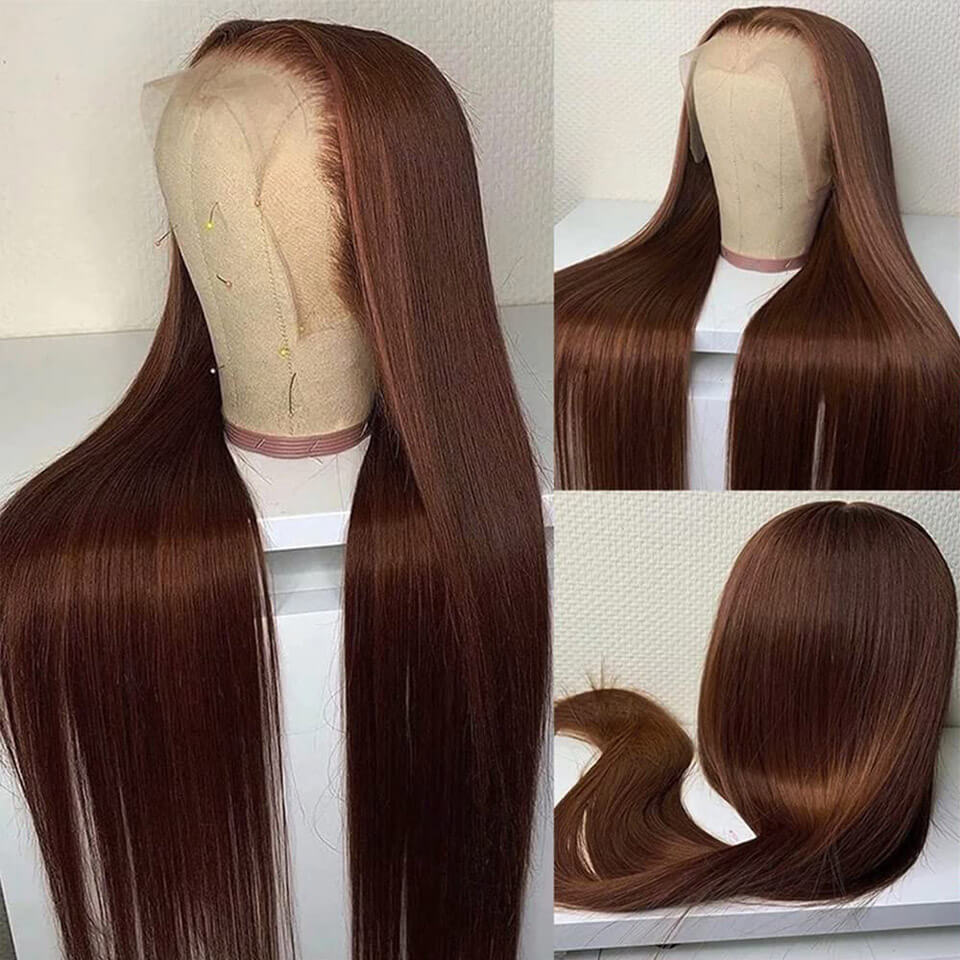 Chocolate brown color human hair Straight Lace Frontal Wig - 13x4 * 13x6 HD Lace, 180% & 250% Density