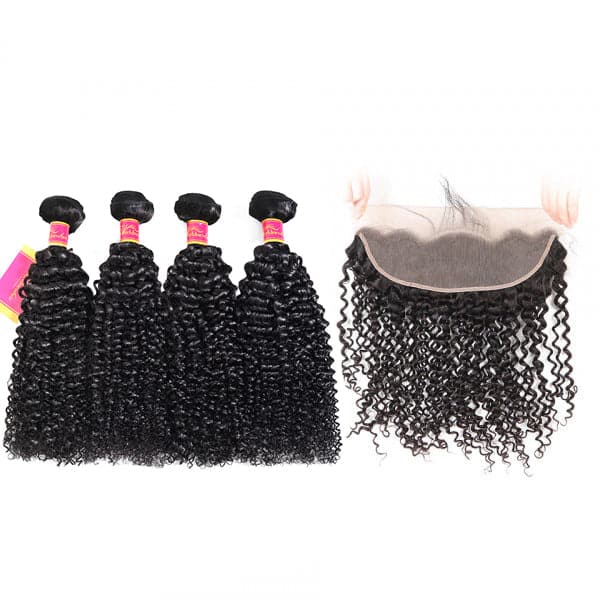 Kinky Curly Hair 4 Bundles With Lace Frontal Closure Brazilian Virgin Human Hair Weave For Black Women