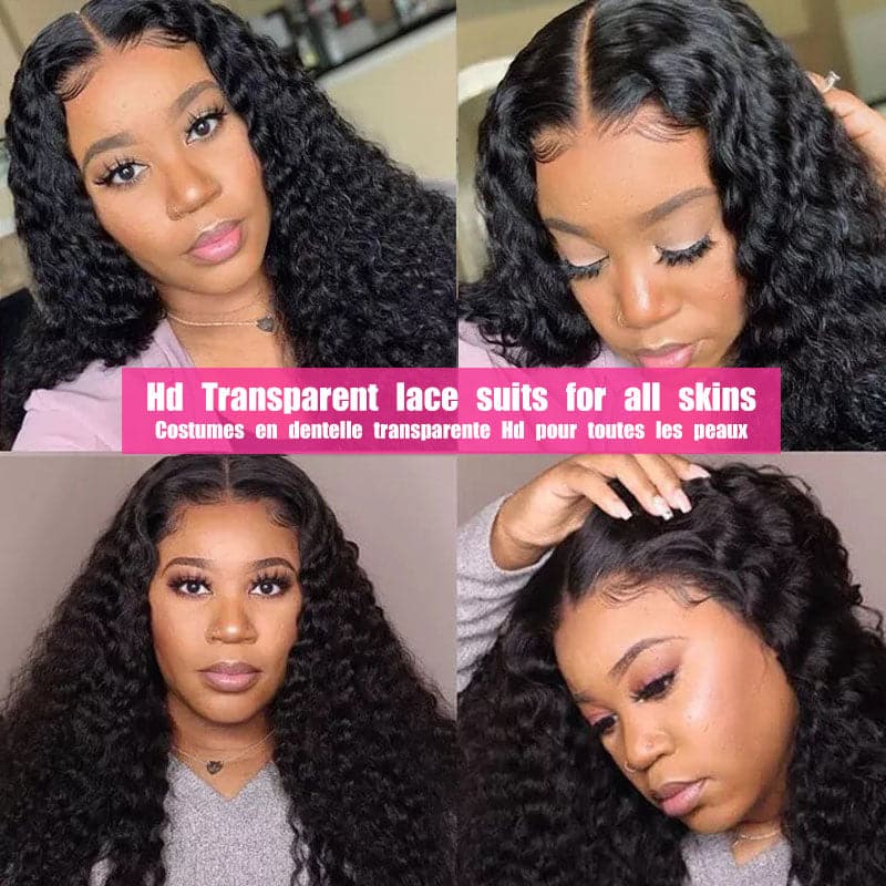 Deep Wave 13x6 HD Transparent Lace Front Wig Glueless Human Hair Wigs 250% Density
