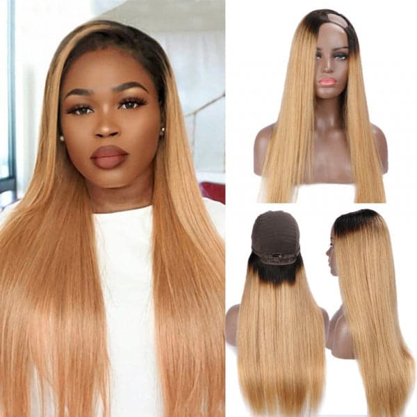 1B/27 Honey Blonde Colored U Part Wigs Straight Human Hair Wig 150% Density