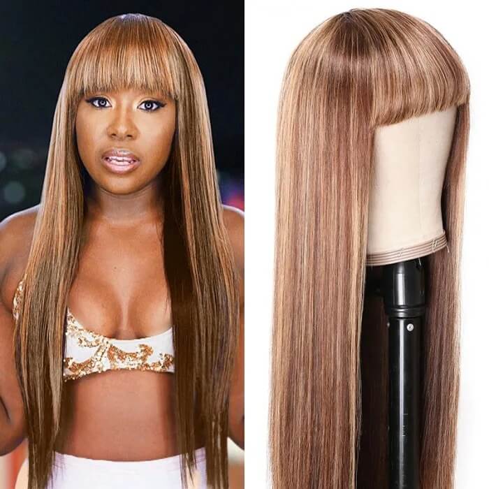 Honey Blonde Hightlight Wigs Straight Ombre Colored Human Hair Wig With Bangs