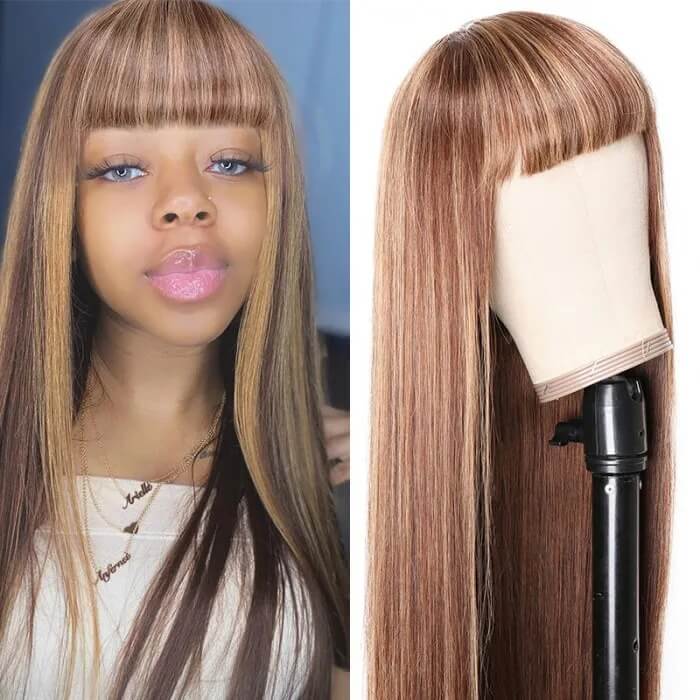 Honey Blonde Hightlight Wigs Straight Ombre Colored Human Hair Wig With Bangs