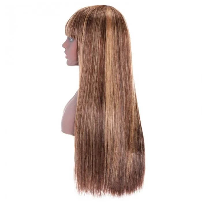 Honey Blonde Hightlight Wigs Straight Ombre Colored Human Hair Wig With Bangs