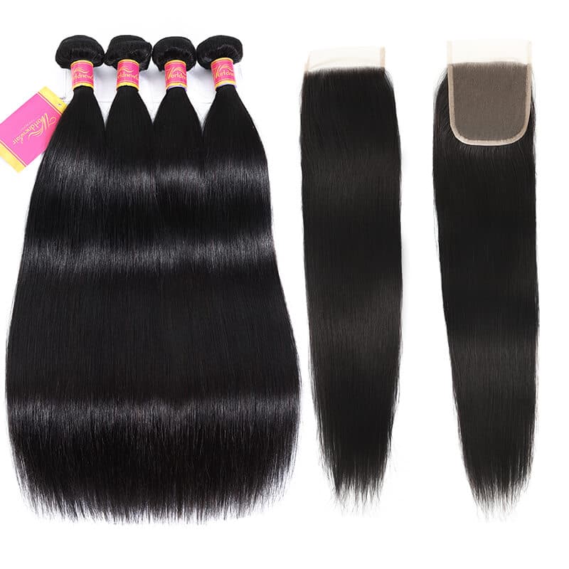 WorldNewHair 4pcs Straight Human Hair Bundles With 4x4 Lace Frontal Closure