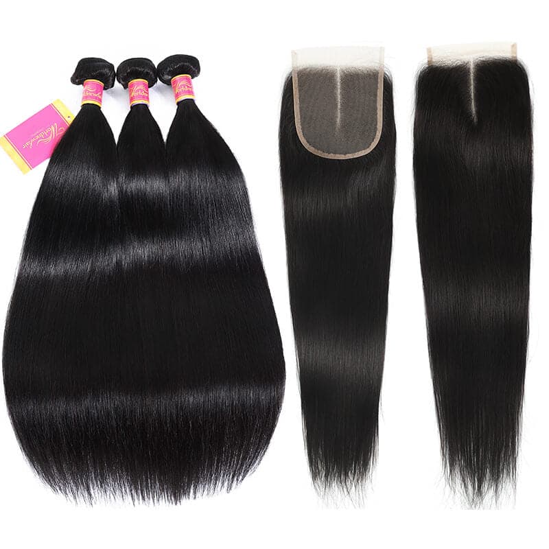 WorldNewHair Brazilian Straight Virgin Hair 3 Bundles with 4x4 Lace Closure