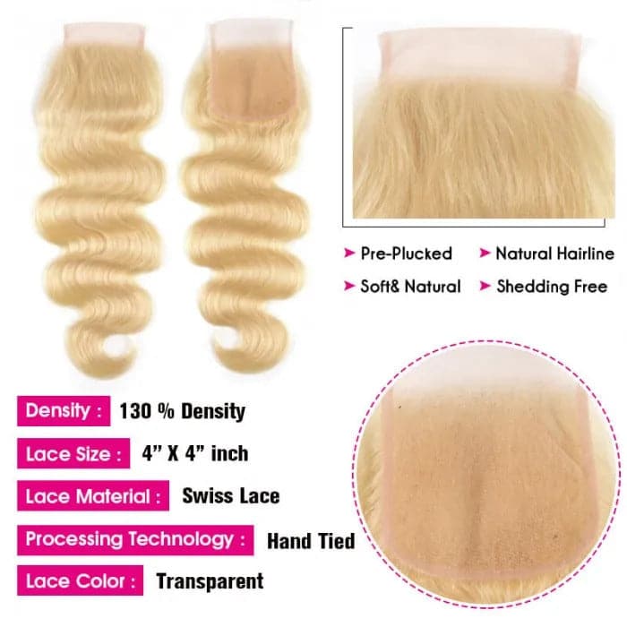 613 Blonde Human Hair Body Wave Blonde Hair 4X4 Lace Closure