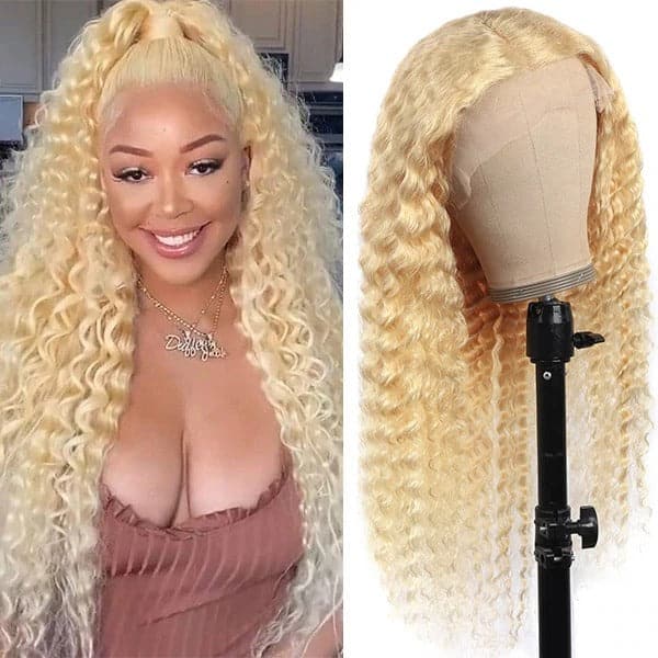 #613 Blonde Crimped Wigs Deep Wave 13x4 lace Long Blonde Human Hair Wig