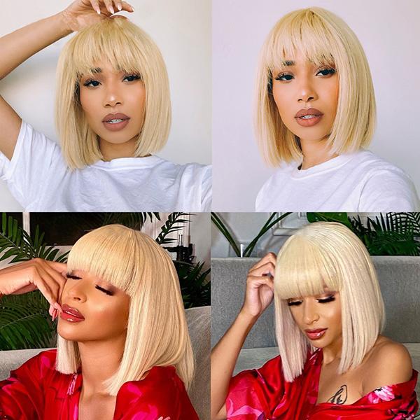 613 Blonde Straight Hair Lace Bob Wigs With Bangs