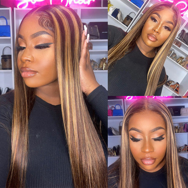 Highlight Wigs Real Human Hair Wigs Straight Ombre 13*4 Lace Front Wig