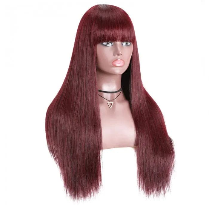 Burgundy Straight Human Hair Wigs with Bangs Glueless Machine Made Wigs for Women