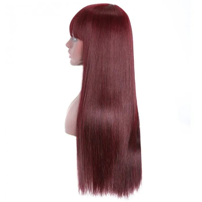 Burgundy Straight Human Hair Wigs with Bangs Glueless Machine Made Wigs for Women