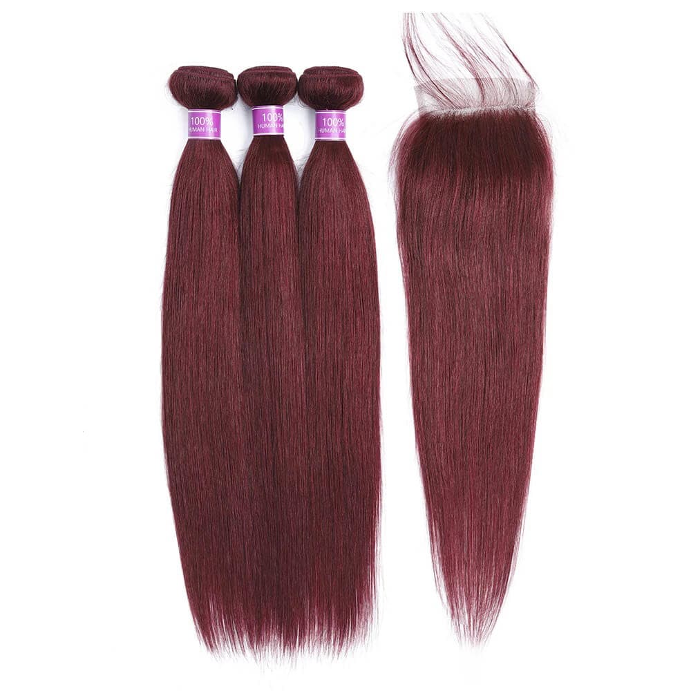 99J Colored Straight Human Hair Bundles With 4x4 Lace Closure Burgundy Color Human Hair Weaves