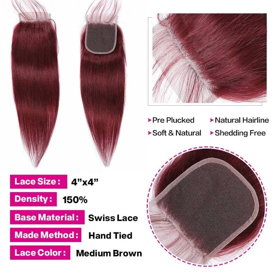 99J Colored Straight Human Hair Bundles With 4x4 Lace Closure Burgundy Color Human Hair Weaves