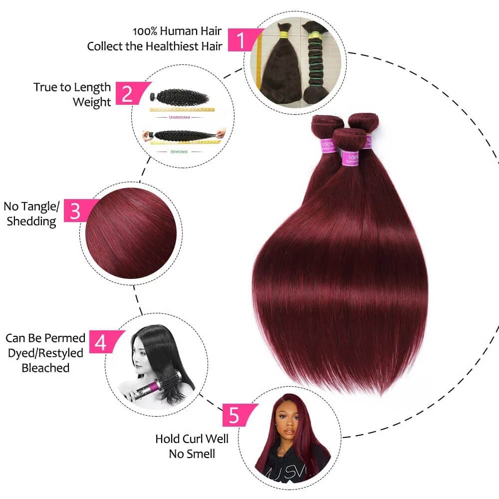 99J Colored Straight Human Hair Bundles With 4x4 Lace Closure Burgundy Color Human Hair Weaves