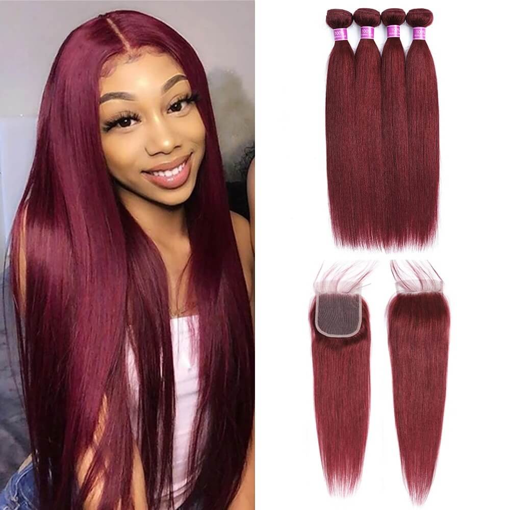99J Colored Straight Human Hair Bundles With 4x4 Lace Closure Burgundy Color Human Hair Weaves