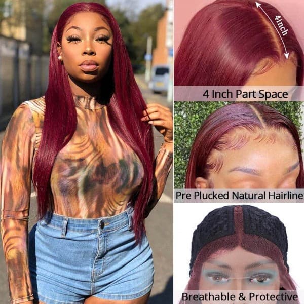 99J HD Lace Part Wig Affordable T Part Lace Wig 100% Human Hair Burgundy Colored Wigs