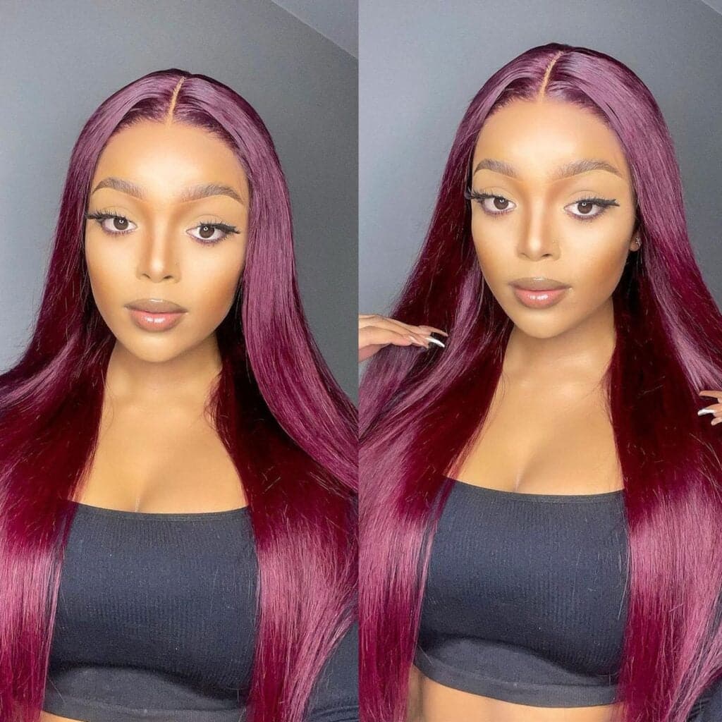 99j Lace Front Human Hair Wigs Burgundy Virgin Straight Pre Plucked Colored Wig for Women