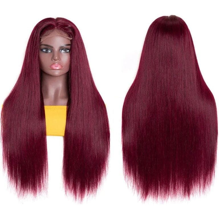 99j Lace Front Human Hair Wigs Burgundy Virgin Straight Pre Plucked Colored Wig for Women