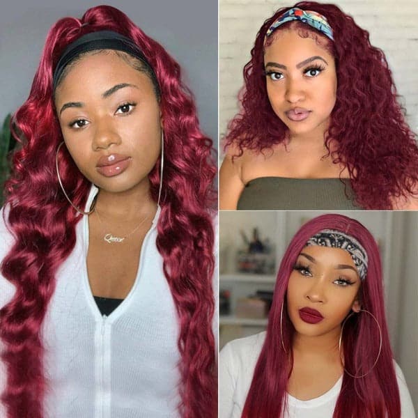 99J Burgundy Color Headband Wigs For Straight Body Deep Curly Texture