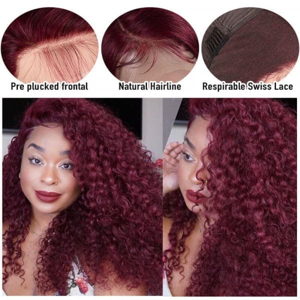 Burgundy 99J Colored Wigs Curly Hair 4x4 Lace Closure Wigs