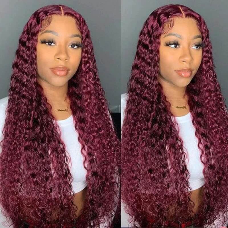 99J Color Curly 13x4 Lace Front Wig Burgundy Human Hair Wig Pre Plucked