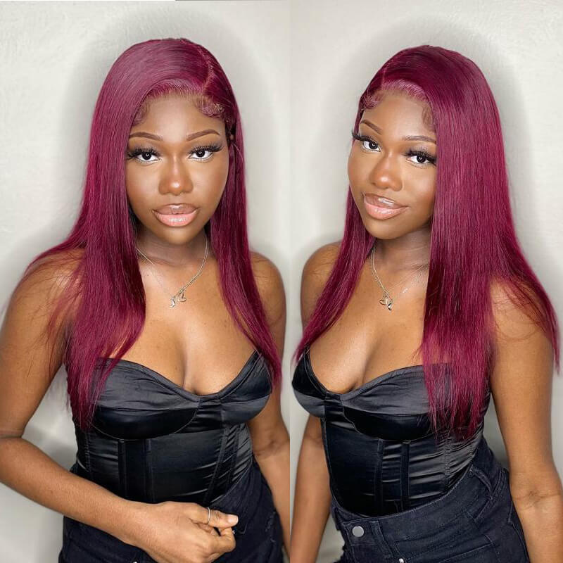 Burgundy 99j Colored Wig 13X6 Straight HD Transparent Lace Frontal Wigs for Sale