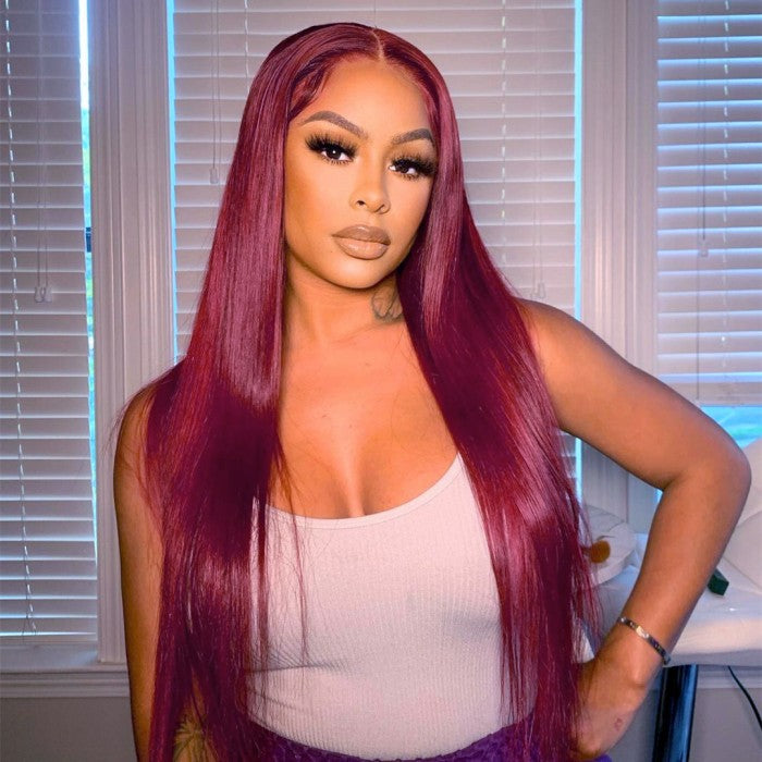 Burgundy 99j Colored Wig 13X6 Straight HD Transparent Lace Frontal Wigs for Sale