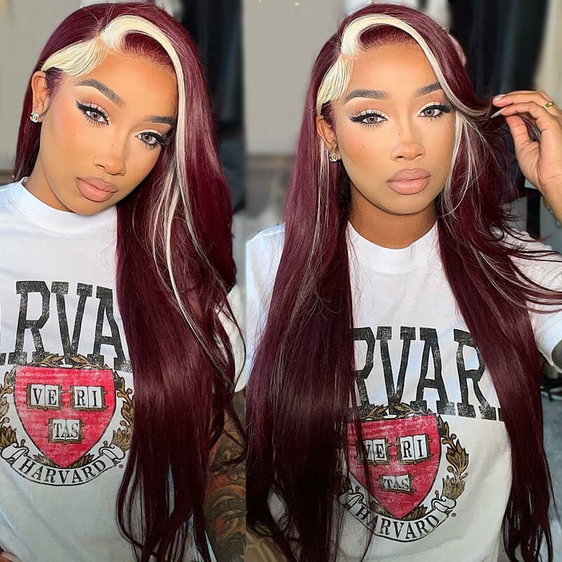 Burgundy & Blonde Skunk Stripe Straight HD Lace Front Wigs Human Hair Pre-Plucked Nature Hairline