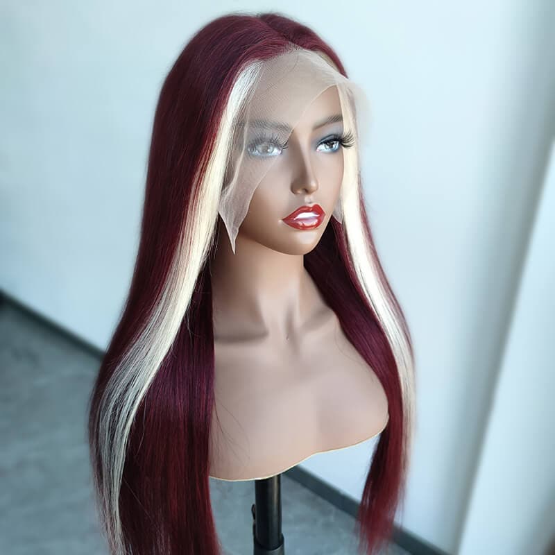 Burgundy & Blonde Skunk Stripe Straight HD Lace Front Wigs Human Hair Pre-Plucked Nature Hairline