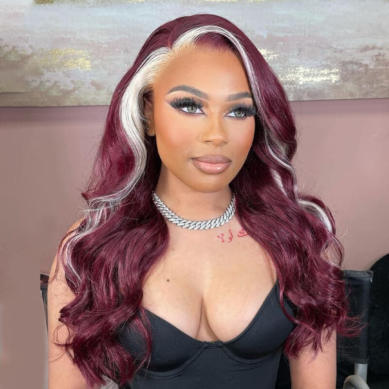 Burgundy & Blonde Skunk Stripe Straight HD Lace Front Wigs Human Hair Pre-Plucked Nature Hairline