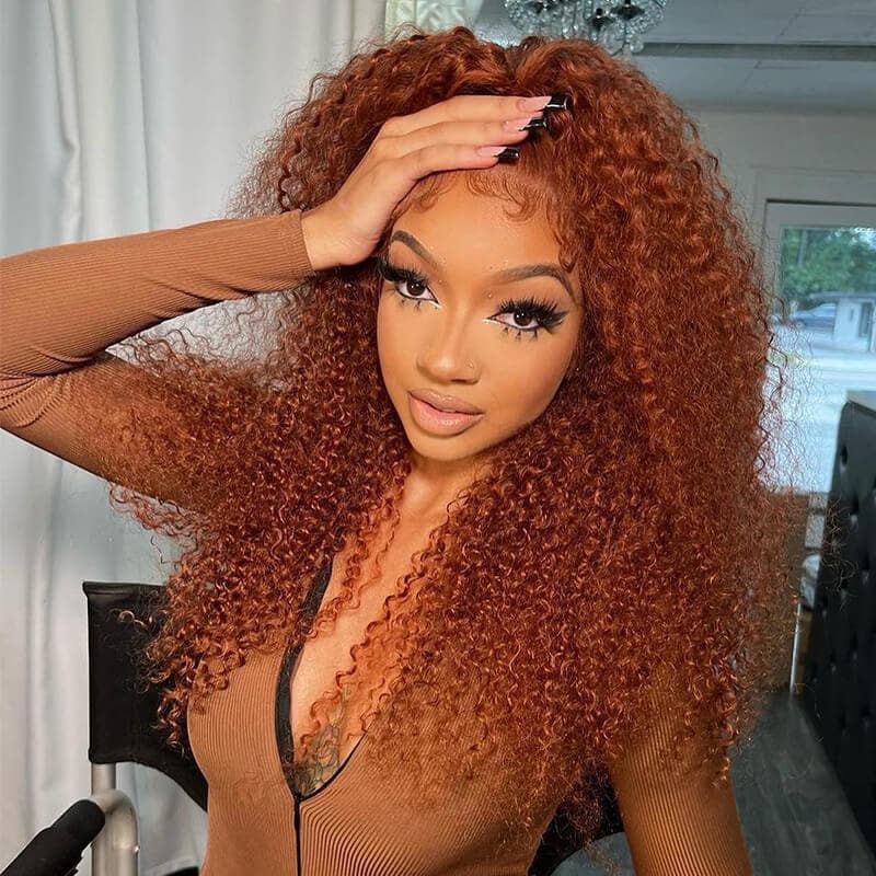 Ginger Brown Auburn Copper Colored Curly Human Hair Lace Front Wig