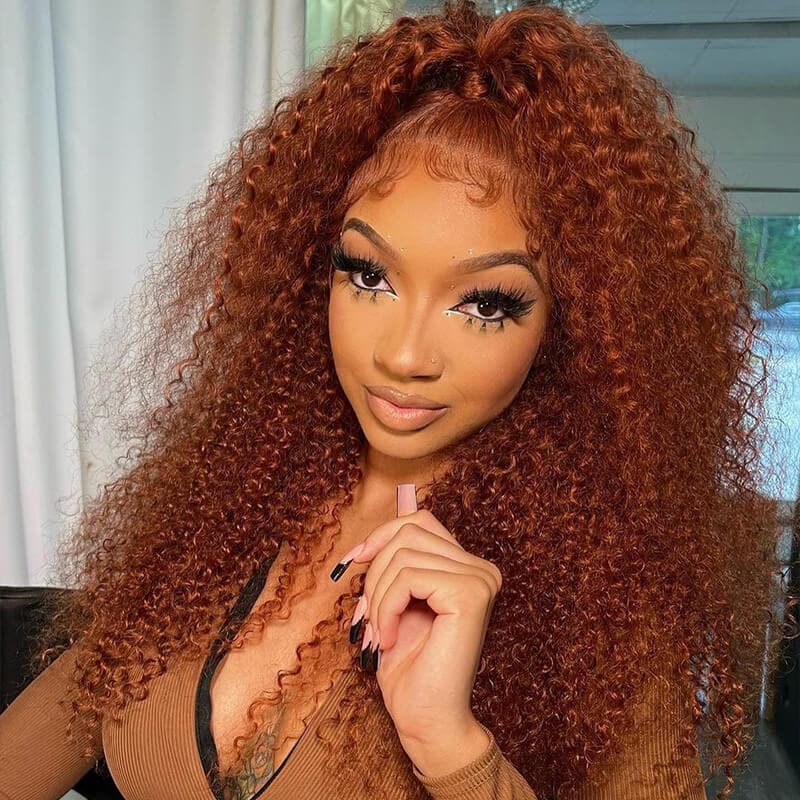 Ginger Brown Auburn Copper Colored Curly Human Hair Lace Front Wig