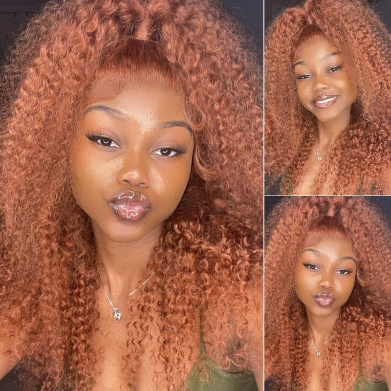 Ginger Brown Auburn Copper Colored Curly Human Hair Lace Front Wig