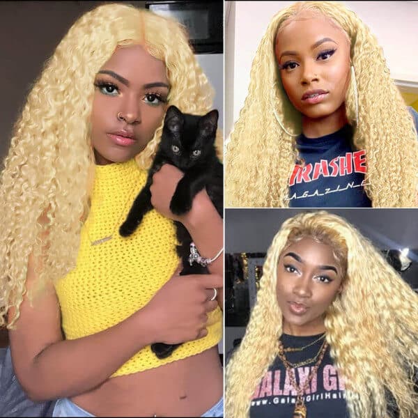 #613 Blonde Crimped Wigs Deep Wave 13x4 lace Long Blonde Human Hair Wig