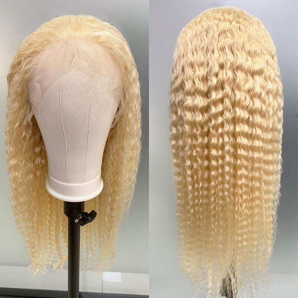 #613 Blonde Crimped Wigs Deep Wave 13x4 lace Long Blonde Human Hair Wig