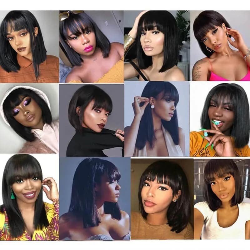 Straight Human Hair Short Bob Wigs With Bangs Human Hair 13x4 lace Front Wigs