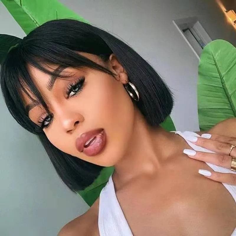 Straight Human Hair Short Bob Wigs With Bangs Human Hair 13x4 lace Front Wigs