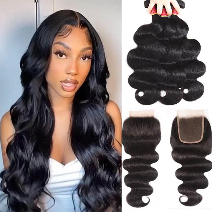 WorldNewHair 3pcs Brazilian Body Wave Hair Bundles With Lace Closure